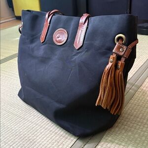 Dooney and Bourke Black Nylon Shopper Tote Bag Brown Leather Braided Handle